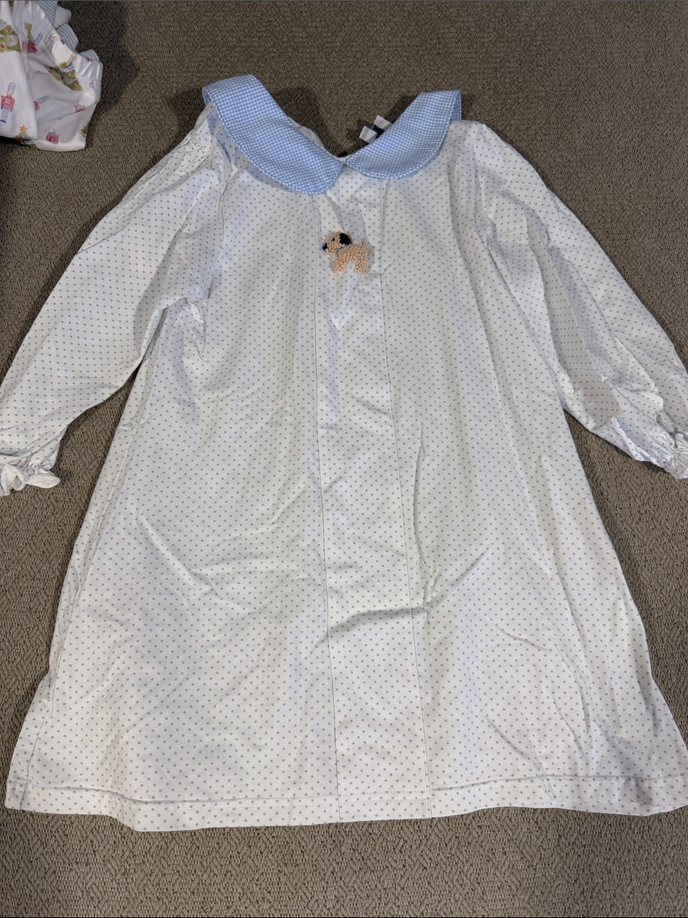 The Smocking Place 
Girls' White & Blue Polka Dot Dress with Puppy Applique